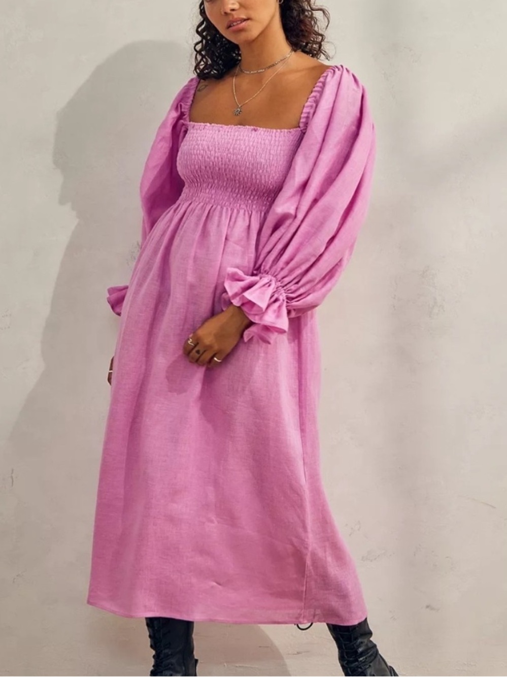 Sleeper Atlanta Smocked Midi Dress Pink Lilac 100% Linen Puff Sleeve XS $320